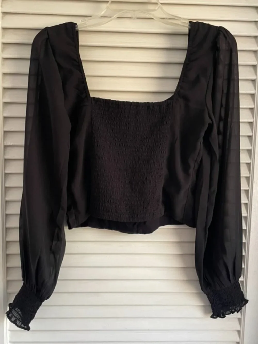 Abercrombie & Fitch Sz M Black Smocked Sheer Long Sleeve Crop Blouse Whimsigoth